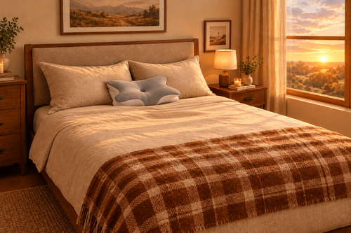 Chambre chaleureuse au coucher du soleil avec l'oreiller papillon gris sur le lit