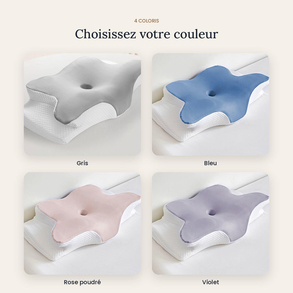 4 coloris : gris, bleu, rose poudré, violet