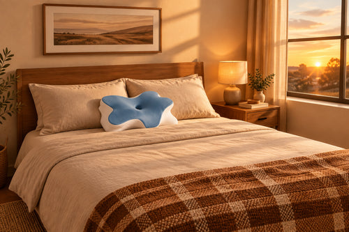 Oreiller papillon bleu sur un lit dans une chambre chaleureuse