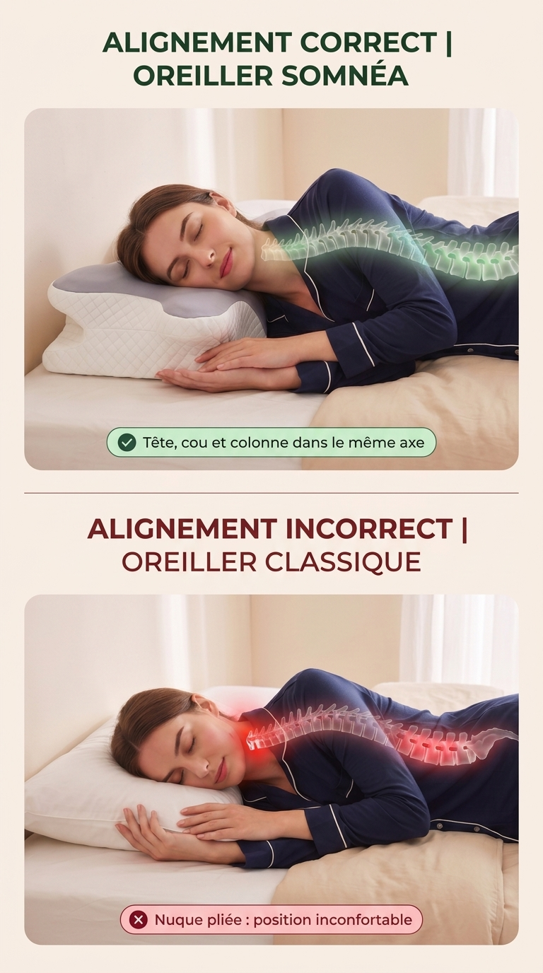 Comparaison de l'alignement tête, cou et colonne : oreiller Somnéa et oreiller classique