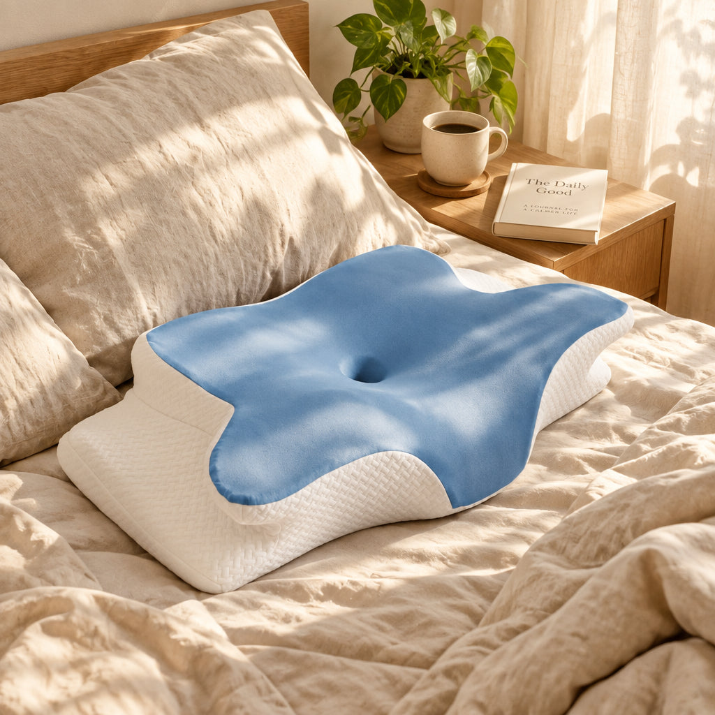 Oreiller papillon bleu posé sur un lit au soleil, à côté d'une table de chevet